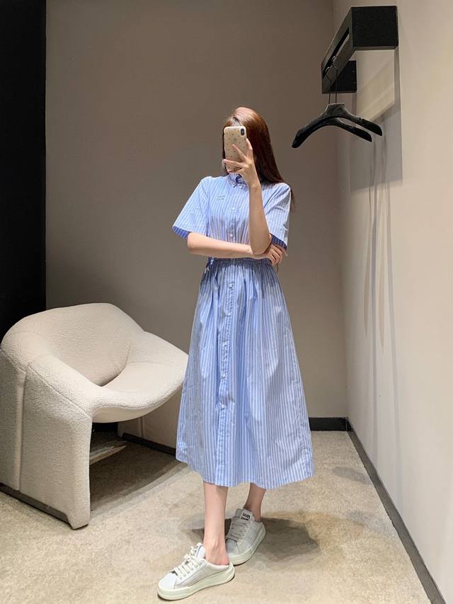 New arrival Miu Miu refreshing college style elastic waist striped short-sleeved