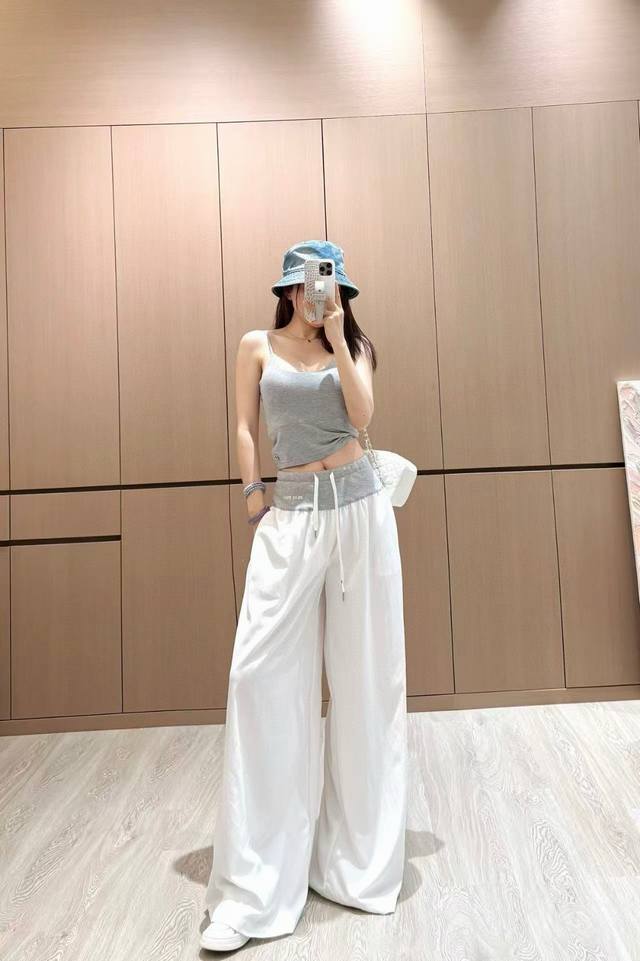 Miumiu Miu Miu letter print contrast color stitching drawstring casual pants Sty