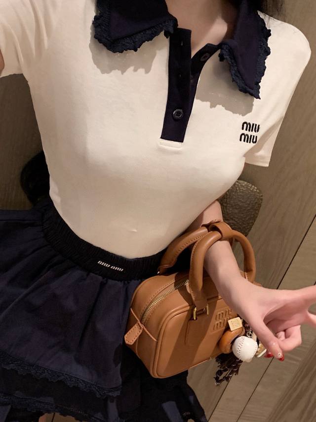 short-sleeved skirt Miumiu Miu Miu letter embroidery contrast lace Polo lapel sh