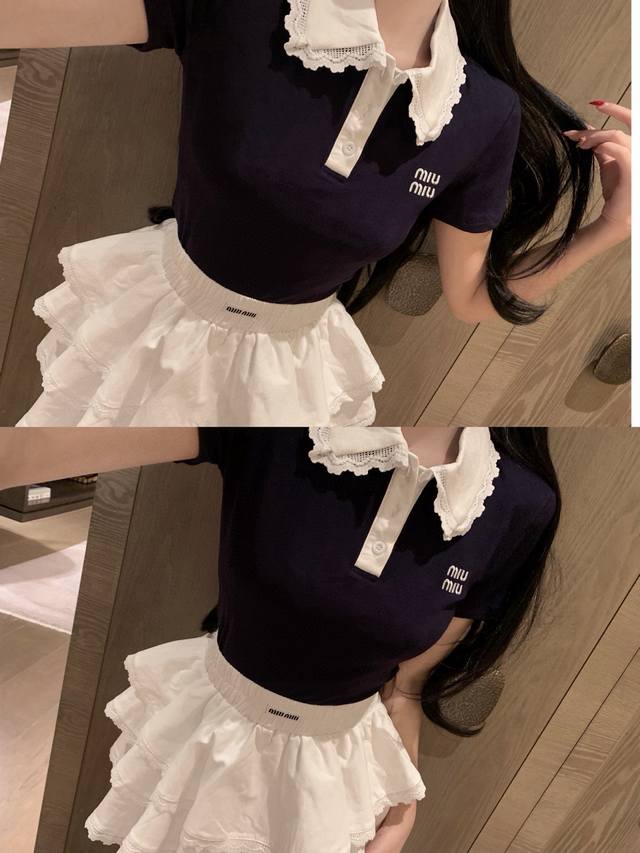 short-sleeved skirt Miumiu Miu Miu letter embroidery contrast lace Polo lapel sh