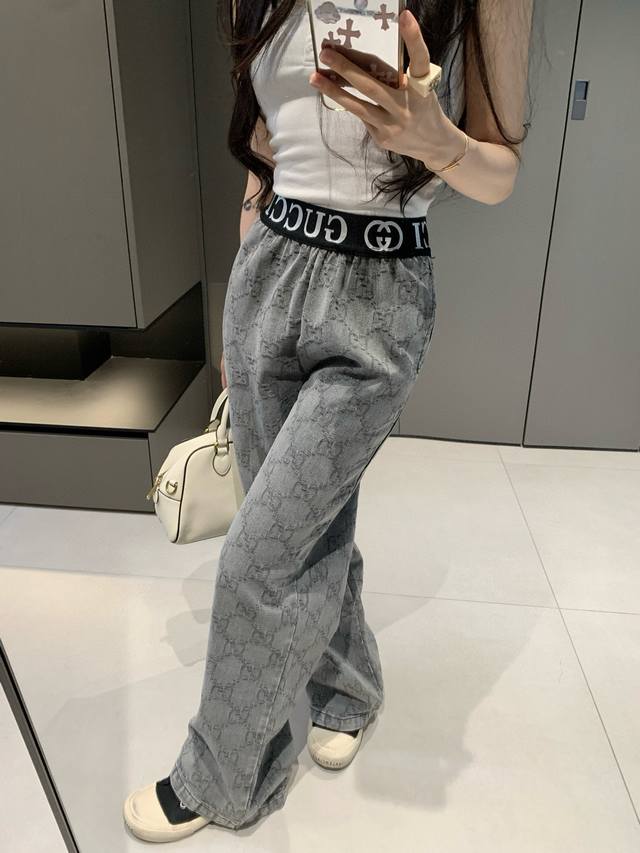 Gucci diamond double G letter jacquard custom webbing washed jeans trousers Styl