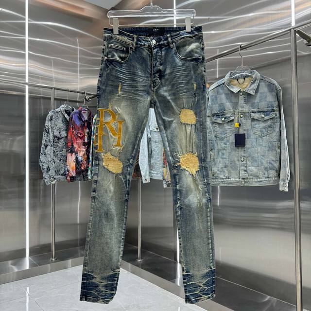 Amiri ripped letter embroidery craft street trend slim fit skinny stretch jeans