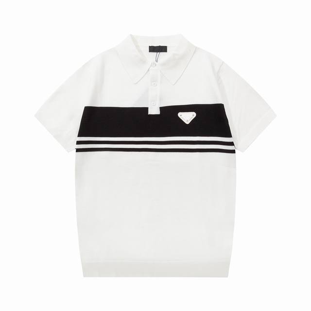 Prada color matching metal triangle logo knitted Polo shirt Upgraded, inspired b