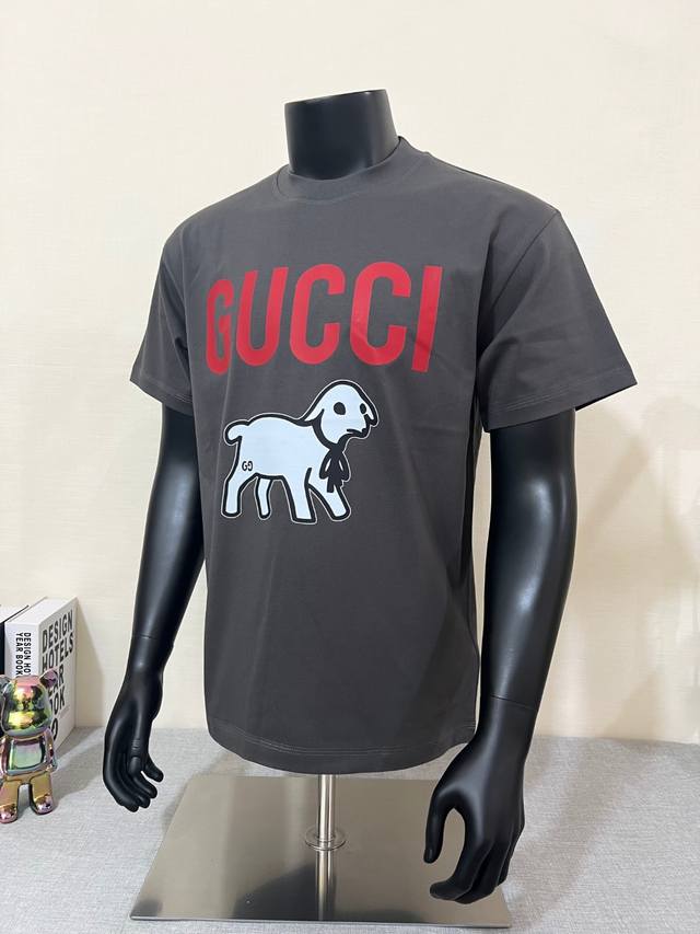 Gucci 25Ss official website synchronization; lamb round neck printed short-sleev