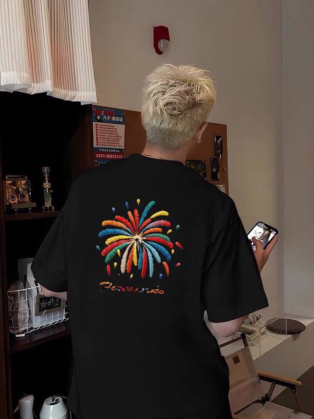 A384# Nike "Fireworks" Short-sleeved T-shirt for men and women, half-sleeved cou