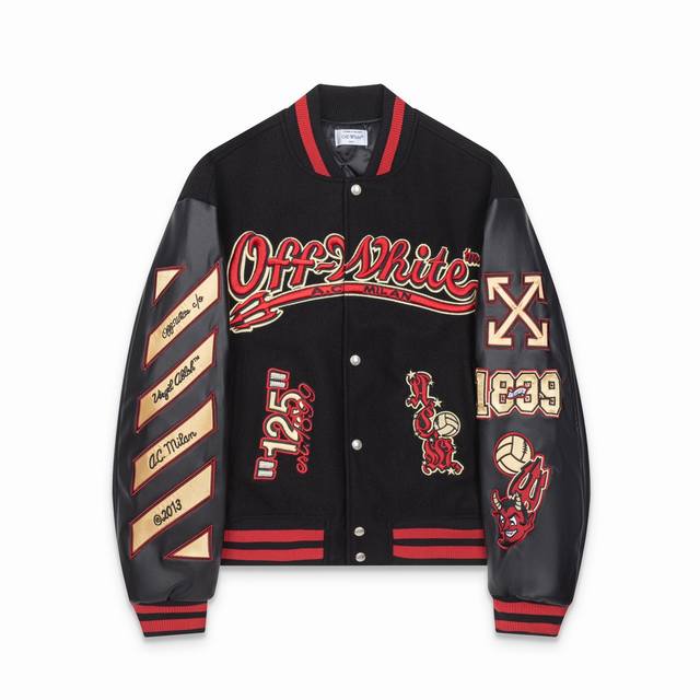 S39#, Offwhite24Ss heavy embroidery patchwork leather baseball down jacket, wool