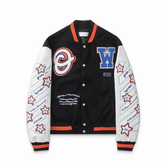 S38#, Offwhite24Ss heavy embroidery patchwork leather baseball jacket with wool