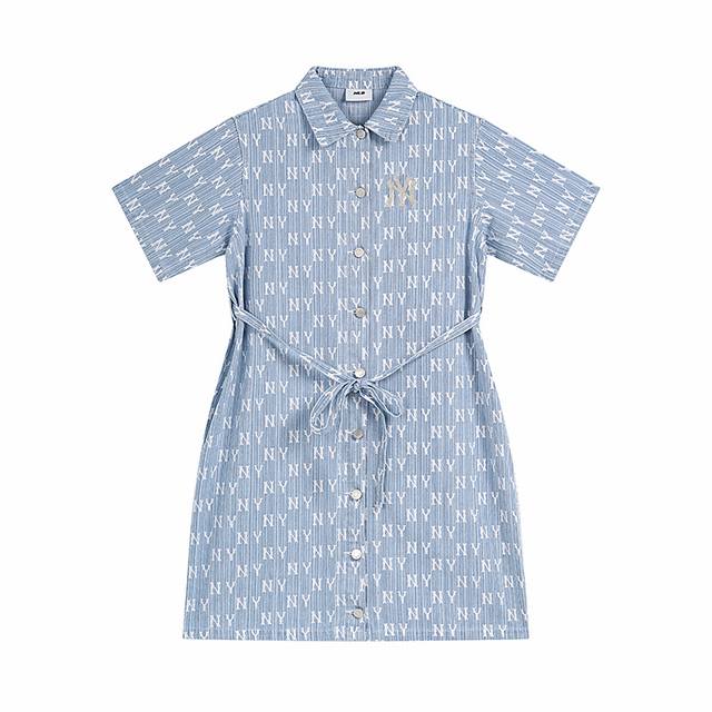 Mlb Full Printed Old Flower Pure Cotton Embroidery Logo Denim Dress Commuter Fas