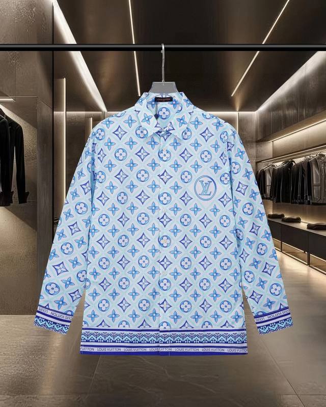 Lv Louis Vuitton's hot-selling blue monogram pattern long-sleeved shirt 2025Ss o