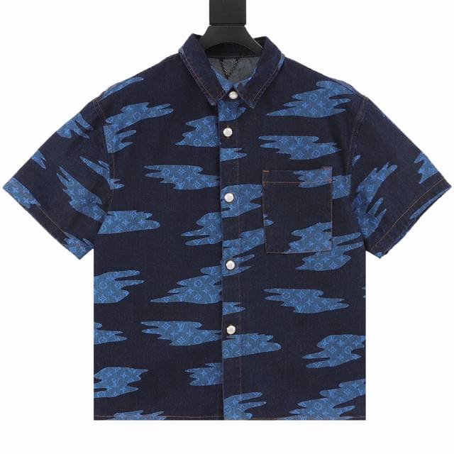 Lv blue camouflage denim short-sleeved shirt Made of 480G washed dark blue denim