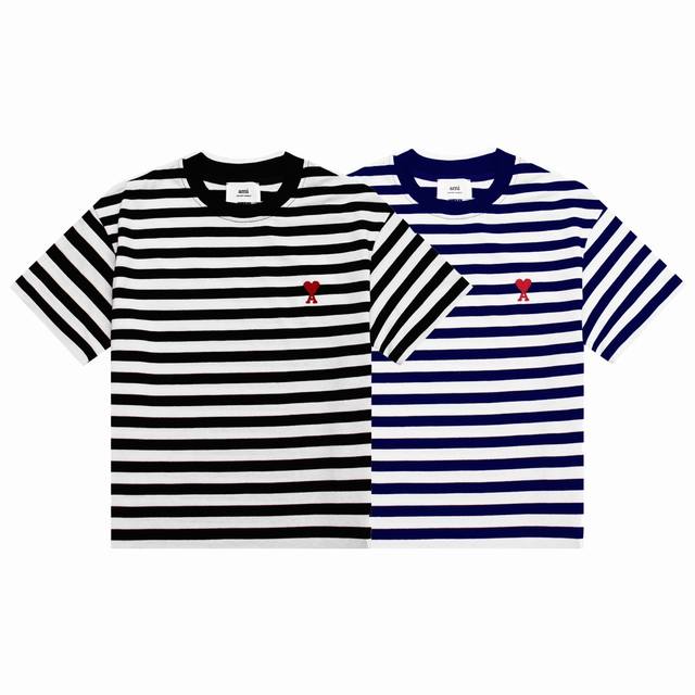 Cy133#Ami23 Early Spring New Love Embroidery Striped T-shirt Unisex Double Yarn