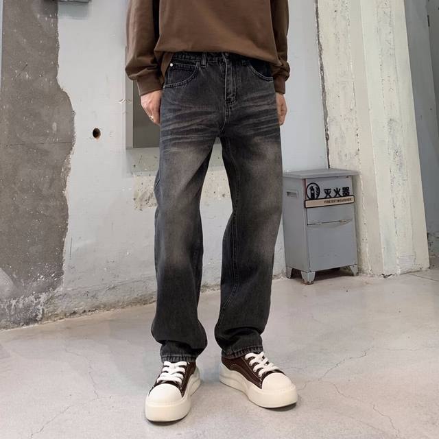 New trendy simple straight black washed jeans