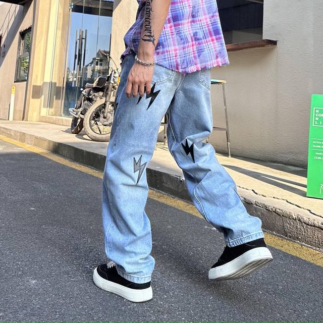 washed denim American lightning pants trendy men's loose straight men's denim tr