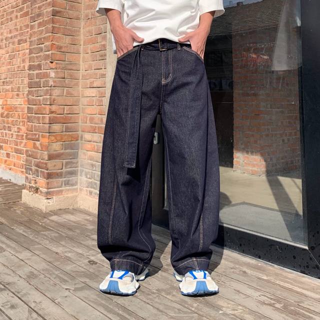 New trendy loose straight dark blue washed jeans