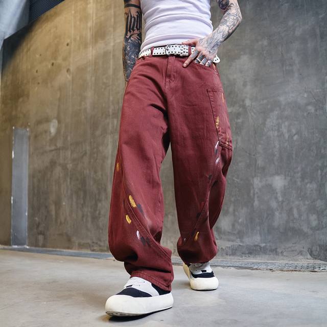 New trendy loose straight color splash ink Ankola red washed jeans