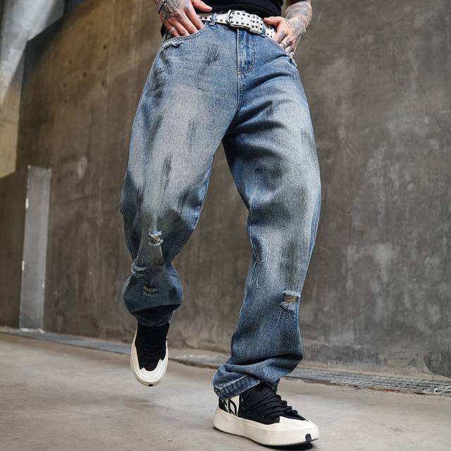 New Fashion Loose Straight Retro Blue Washed Jeans