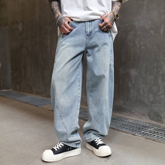 New trendy loose straight blue washed jeans machete pants