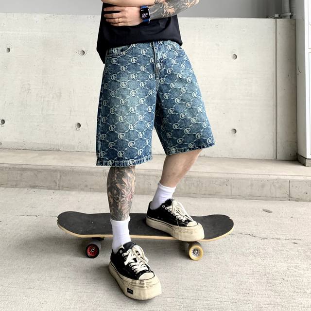 American style washed printed men's shorts blue jeans men's wear
