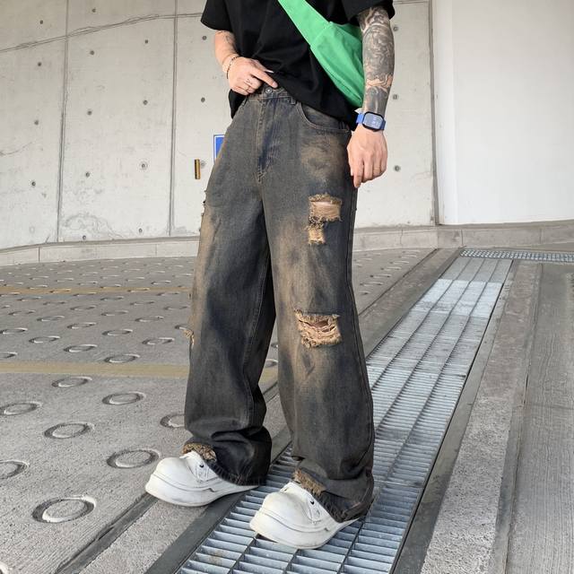 New Fashion Loose Straight Elastic Nostalgic Black Washed Jeans
