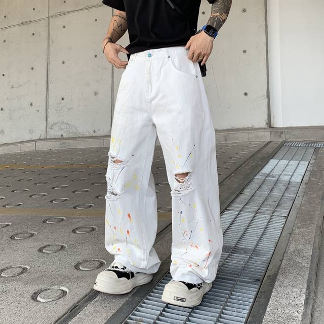 New Fashion Loose Straight White Washed Jeans