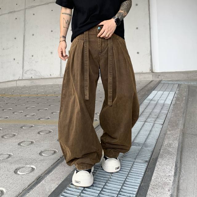 New trendy loose straight coffee washed jeans machete pants