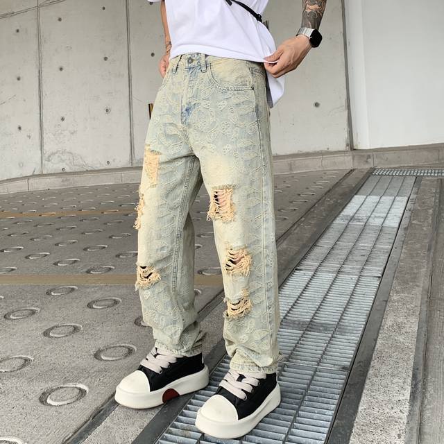 washed ripped denim American style pants trendy men's loose straight men's fashi