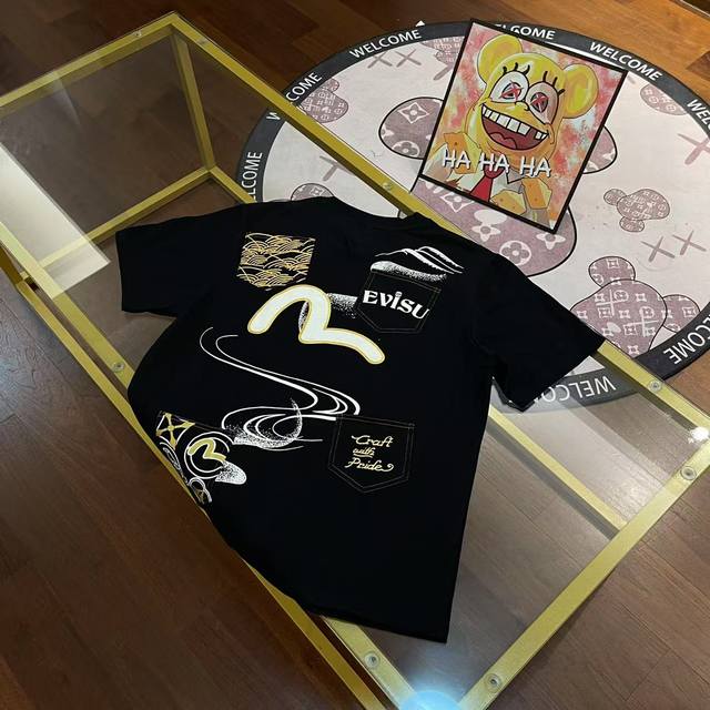 New arrivals, 80 Evisu 2025 new men's short sleeves with letter pocket print Col