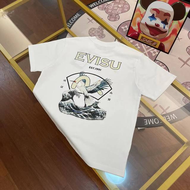 New arrival Evisu Fushen new men's letter wave crane short sleeve Color: White S