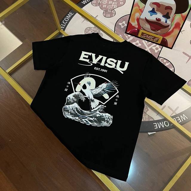 New arrival Evisu Fushen new men's letter wave crane short sleeve Color: Black S