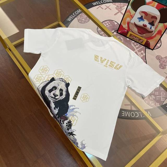 Evisu Fushen new men's panda pattern letter T-shirt short sleeve Color: White Si