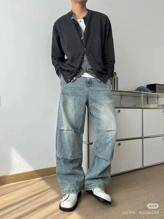 Style No.-868 Self-owned Cleanfit loose wide-leg pleated jeans Color: Washed Blu