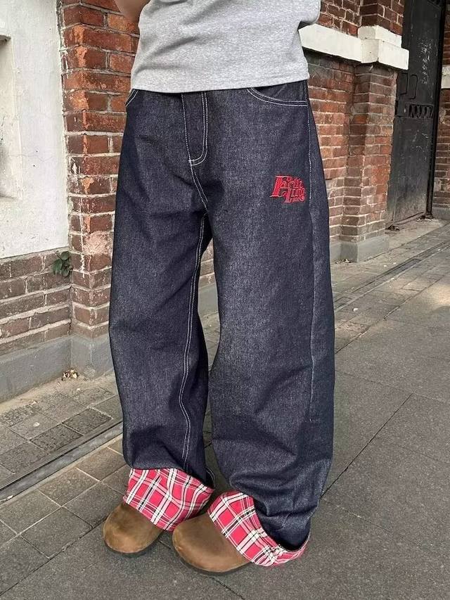 Style No.-888 Self-owned Clean Fit Plaid Embellished Washed Denim Wide Leg Pants