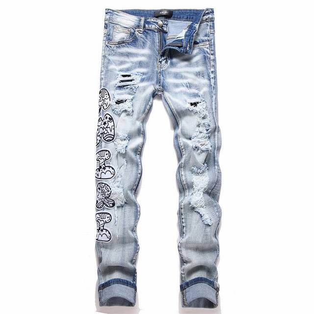 Oc-772 Top replica Amiri ink-splashed medal patch embroidered jeans pants Amiri