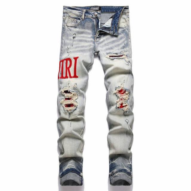 Oc-727 Top replica Amiri ink-splashed medal patch embroidered jeans pants Amiri
