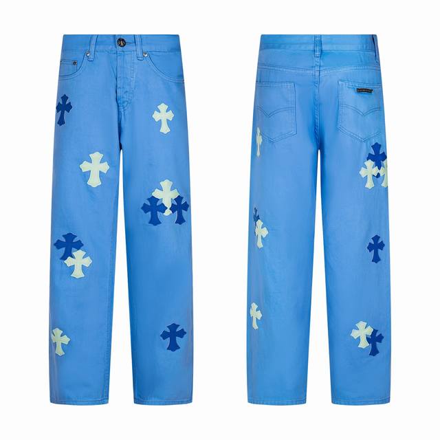 Chrome Hearts 25Ss Dopamine Light Blue Cross Leather Washed Jeans - Full of expl