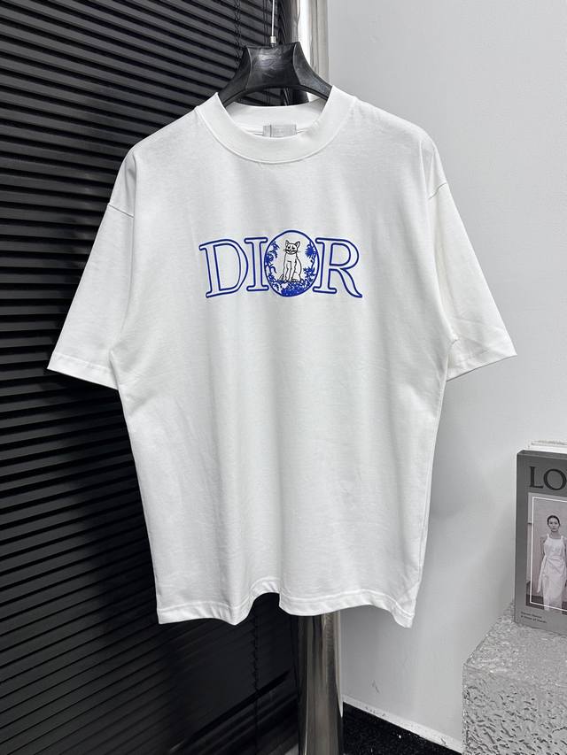 Dior 25Ss cat letter logo shirt short sleeves Heavy weight 260G pure cotton doub