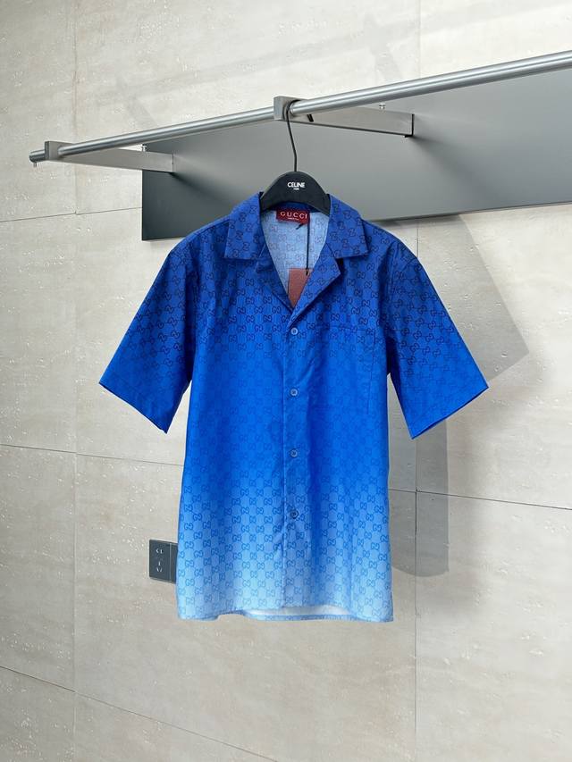 Gucc* Gucci 25 Fw Early Fall new woven gradient print short-sleeved shirt Blue t