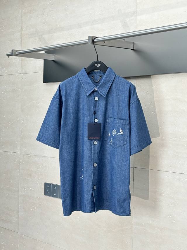 Lv Louis Sail Embroidered Youth Cloth Short Sleeve Shirt Cotton tight youth deni