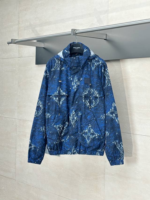 Lv* Louis 25Fw new dark blue sailboat print nylon hooded windbreaker jacket Size