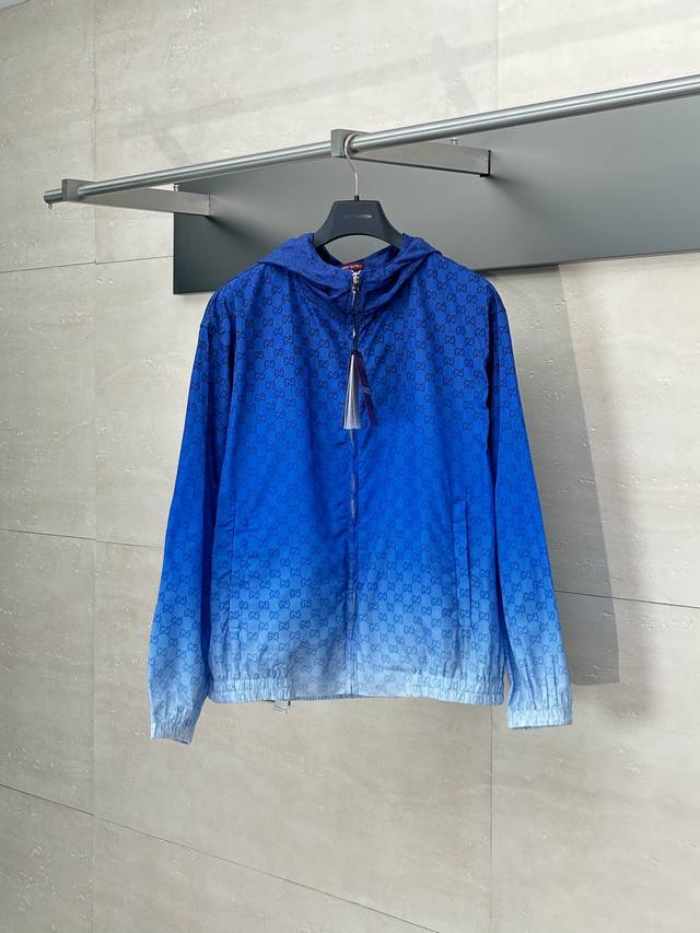 Gucc* Gucci 25Fw blue and white gradient woven print hooded long sleeve jacket G