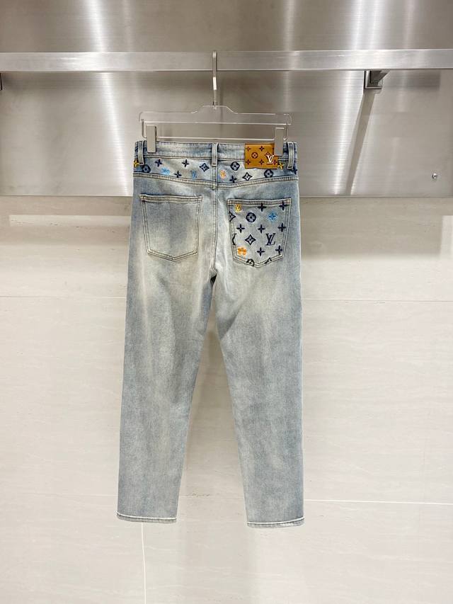 washed blue slim jeans, 2025 spring new Lv old flower logo embroidered suede lea
