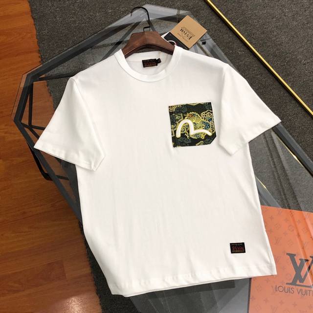 Evisu Fushen new men's brocade patch pocket T-shirt short sleeve Color: White Si