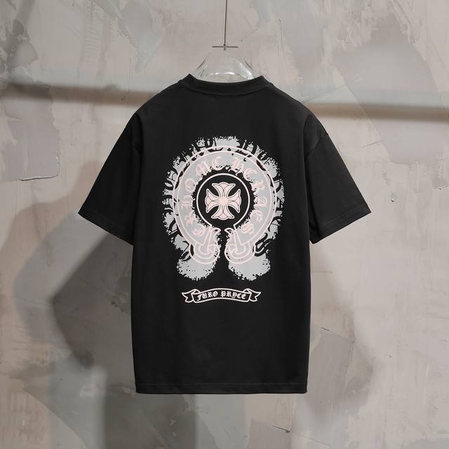 Fashion classic horseshoe cross flocking print casual short-sleeved T-shirt, uni