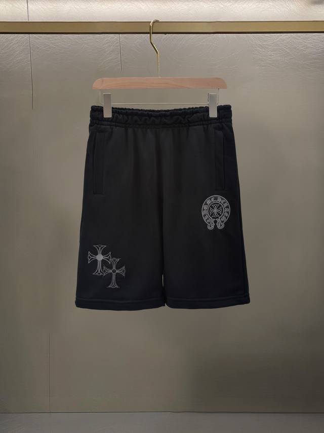 Large horseshoe cross-pattern embroidered casual shorts, fine cotton double swea