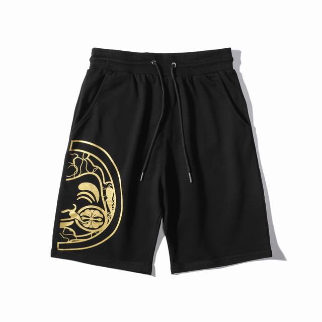 New shorts with cherry blossom Buddha head and gold print, terry fabric, black,