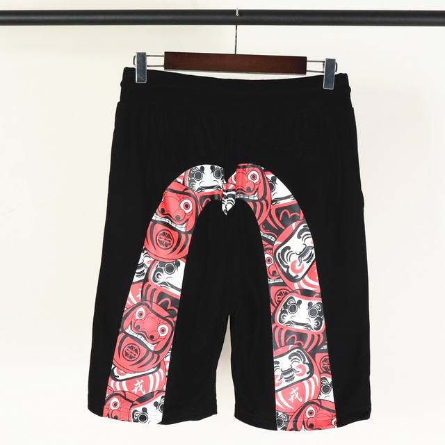 Large M Daruma doll print shorts, terry thin sweater material, black, size: L-Xx