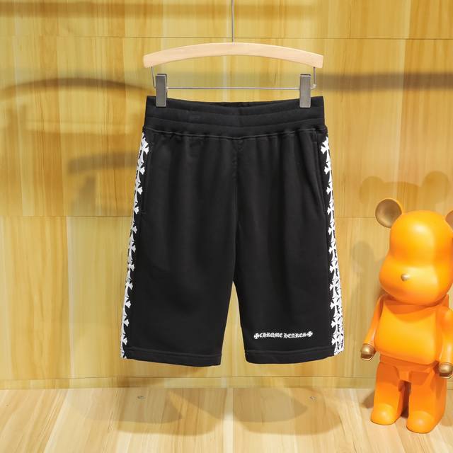 Cross-leg printed casual shorts, fine cotton double sweatshirt 290g terry, black