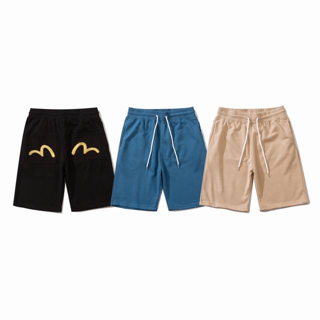 Seagull embroidered terry shorts, terry thin sweater material, blue, black, khak