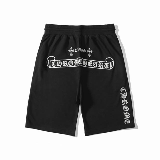 New style shorts with Sanskrit cross embroidery, thin terry fabric, black, size: