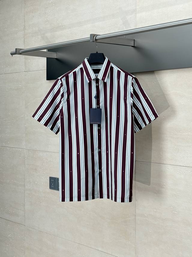 Lv* Louis 25Ss new color matching striped old flower short-sleeved shirt Authent